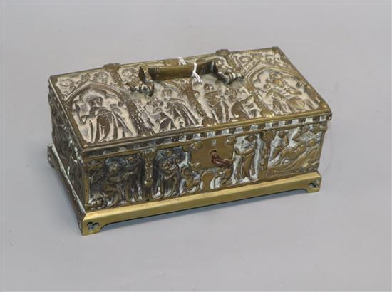 A medieval style cast brass casket length 21cm